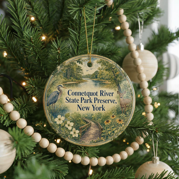 A round ornament hanging on a Christmas tree, featuring a scenic image of the Connecticut River and the state park preserve in New York.