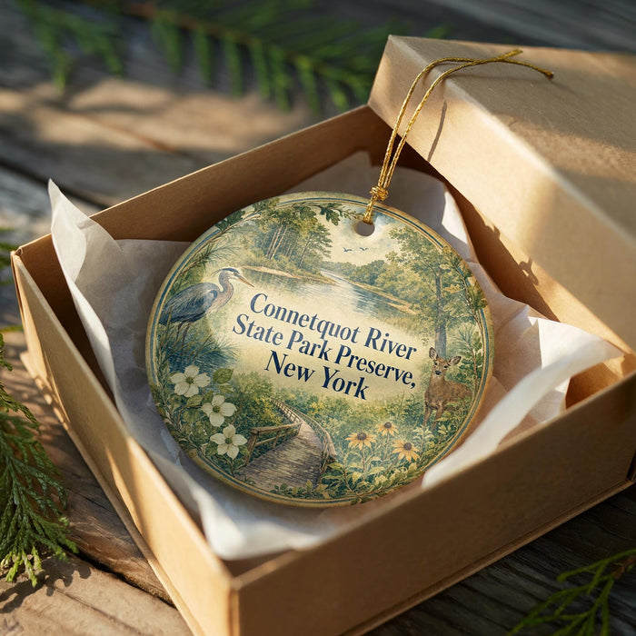 A decorative ornament in a brown box, featuring a scenic image of the Connecticut River State Park Preserve in New York.