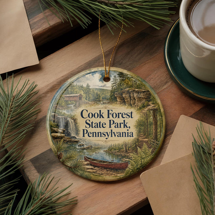 A decorative ornament featuring a scenic image of Cook Forest State Park, Pennsylvania, with a canoe and waterfall in the foreground.