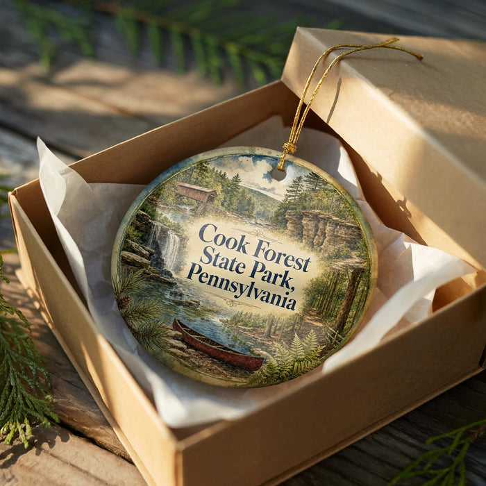 A circular ornament in a box, featuring a scenic landscape with a waterfall, pine trees, and a boat on the water.