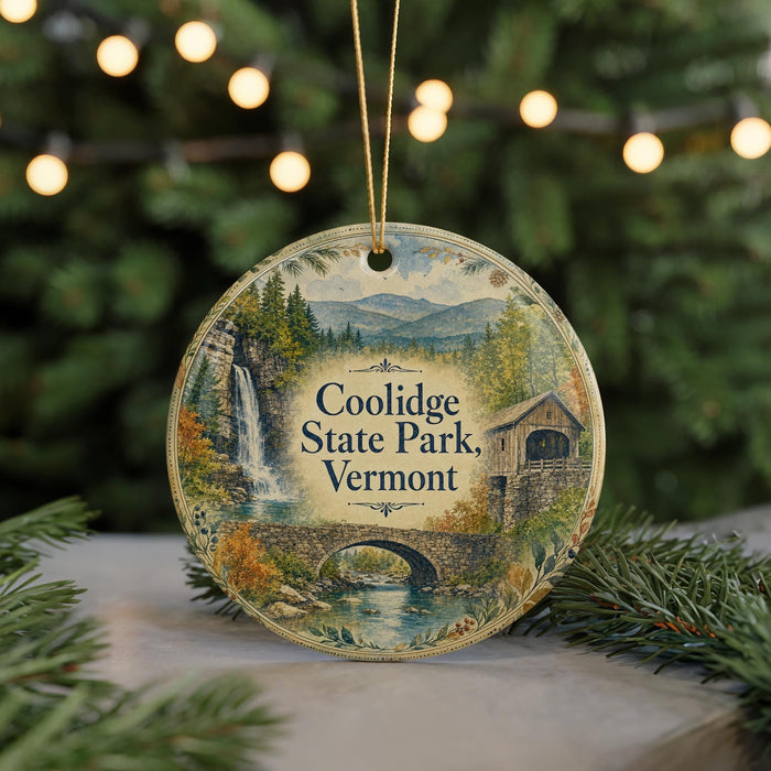 A circular ornament featuring a scenic image of Coolidge State Park in Vermont, with a waterfall and a bridge in the background.