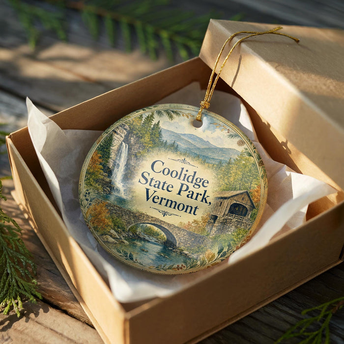 A decorative ornament in a cardboard box, featuring a scenic landscape with a waterfall and a bridge.