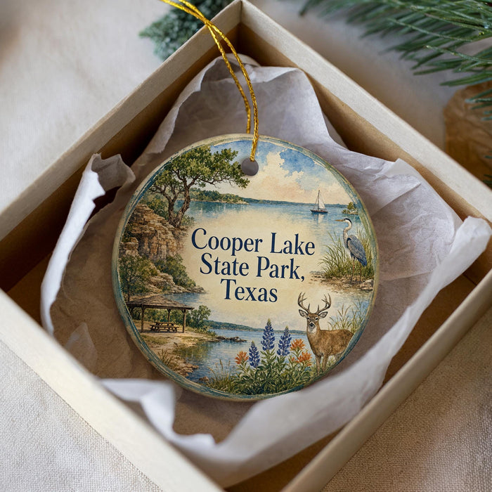 A decorative ornament in a box, featuring a scenic landscape with a lake, trees, and wildlife, including a deer and a bird.
