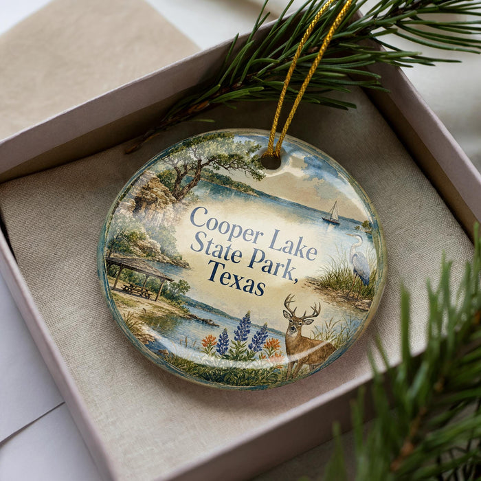 A decorative ornament in a box, featuring a scenic landscape with a lake, trees, and wildlife, including a deer.