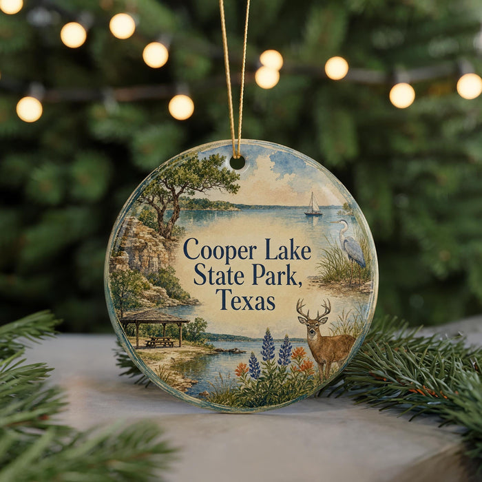 A round ornament with a scenic landscape of Cooper Lake State Park, Texas, featuring a deer, a bird, and a picnic table.