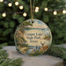A round ornament with a scenic landscape of Cooper Lake State Park, Texas, featuring a deer, a bird, and a picnic table.