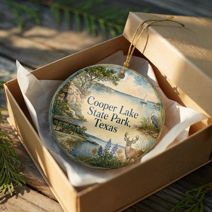 A decorative ornament in a box, featuring a scenic landscape with a lake, trees, and wildlife, including a deer and a bird.