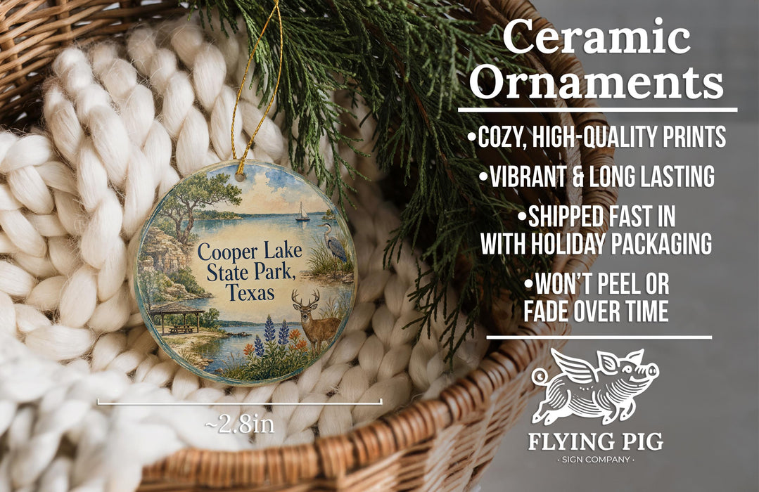 Ceramic ornaments, featuring a scenic image of Cooper Lake State Park, Texas, hanging from a wicker basket.