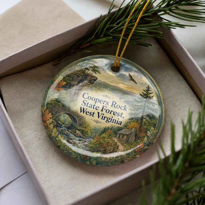 A decorative ornament in a box, featuring a scenic landscape with a bridge, trees, and a bird in flight.