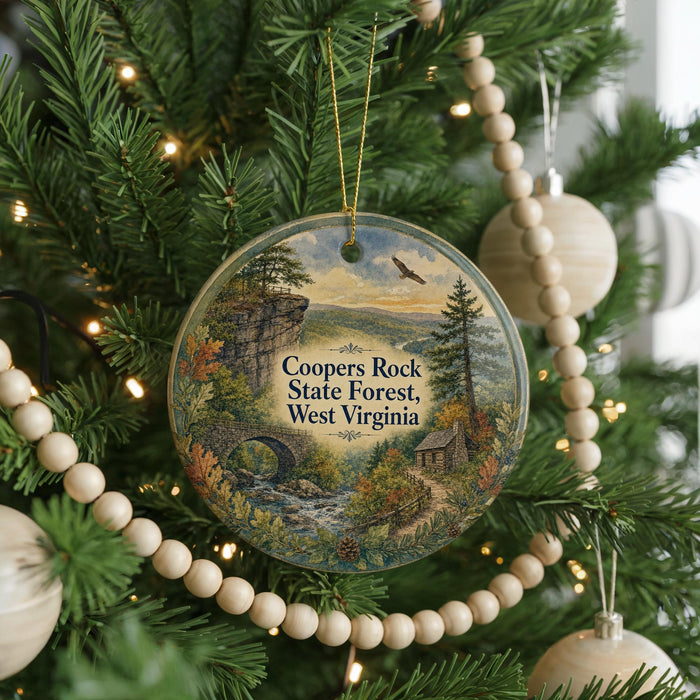 A round ornament hanging on a Christmas tree, featuring a scenic landscape with a mountain, river, and cabin.