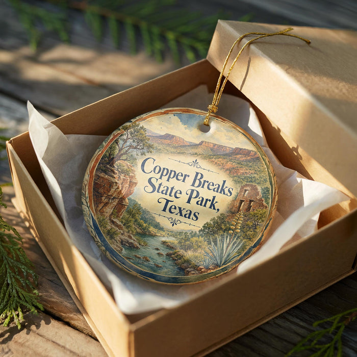 A decorative ornament in a box, featuring a scenic landscape with mountains, trees, and a river.