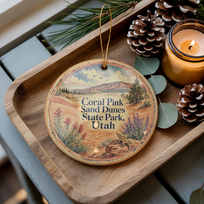 A decorative ornament featuring a scenic landscape of the Corral Pink Sand Dunes State Park in Utah, with pine cones and a lit candle on a wooden tray.