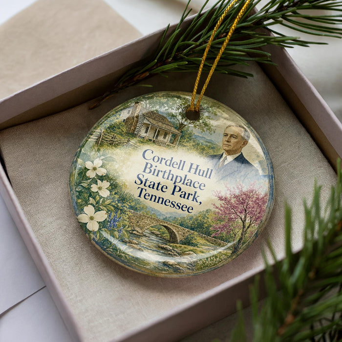 A decorative ornament in a box, featuring a landscape with a house, flowers, and a man, along with text that reads "Cordell Hull Birthplace State Park, Tennessee".