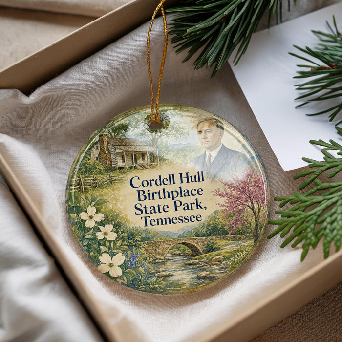 A decorative ornament with a man's portrait and a scenic landscape, placed in a box with pine branches.