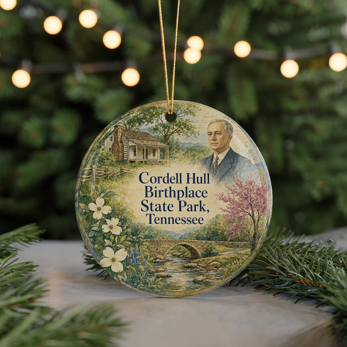 A round ornament featuring a portrait of a man, surrounded by a landscape scene with a house, trees, and a bridge.