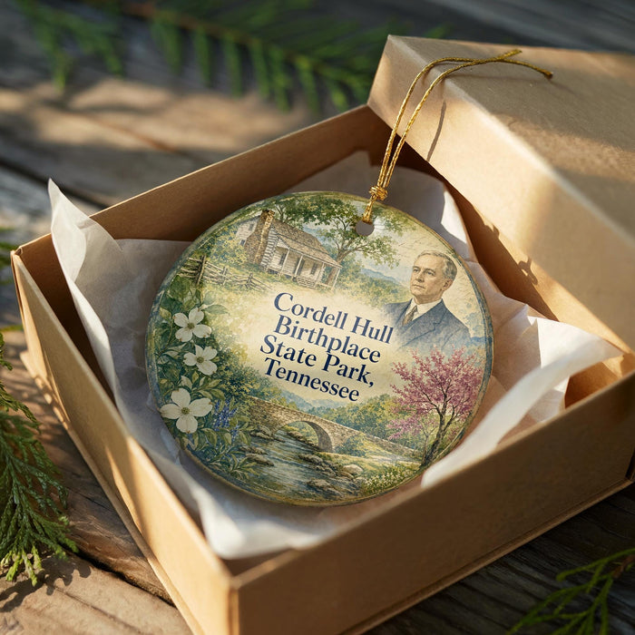 A decorative ornament in a wooden box, featuring a portrait of a man surrounded by nature elements such as flowers and trees.