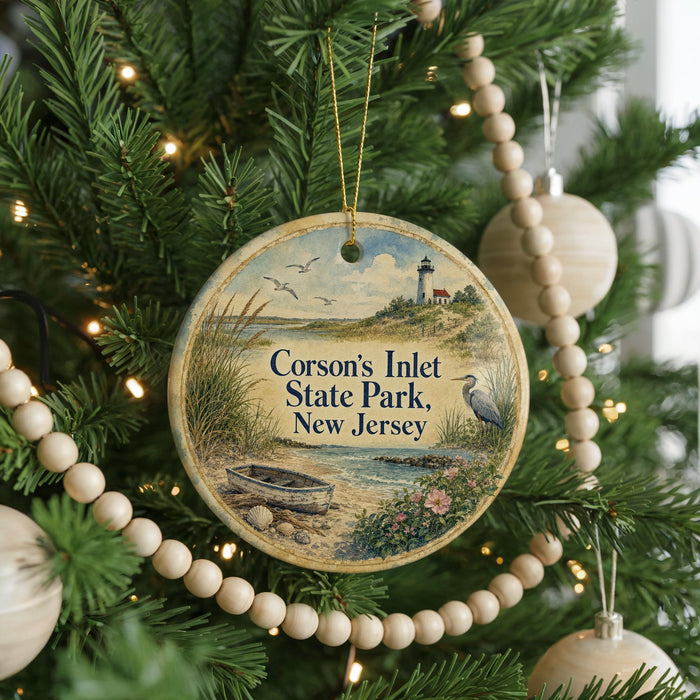 A round ornament hanging on a Christmas tree, featuring a lighthouse and a boat on a beach.