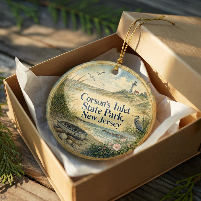 A round ornament in a box, featuring a lighthouse and a seashore scene, with the text "Corson's Inlet State Park New Jersey" printed on it.