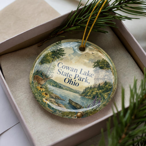 A decorative ornament in a box, featuring a scenic landscape with a lake, mountains, and wildlife.