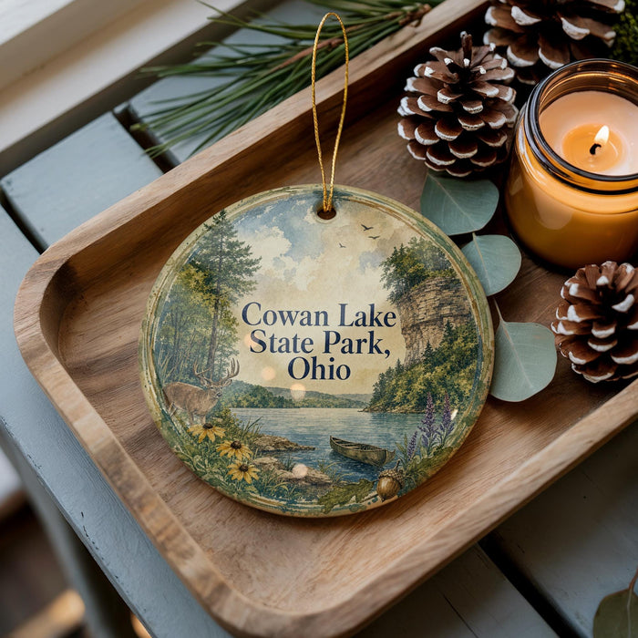 A wooden tray with a decorative ornament featuring a scenic image of Cowan Lake State Park, Ohio, along with pine cones and a lit candle.