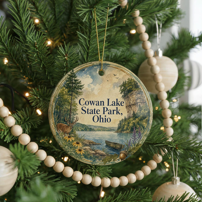 A round ornament hanging on a Christmas tree, featuring a scenic image of Cowan Lake State Park, Ohio.