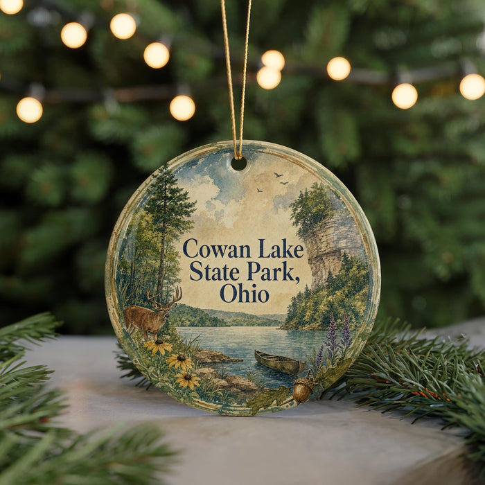 A round ornament with a scenic landscape depicting Cowan Lake State Park, Ohio, featuring a deer, canoe, and trees.