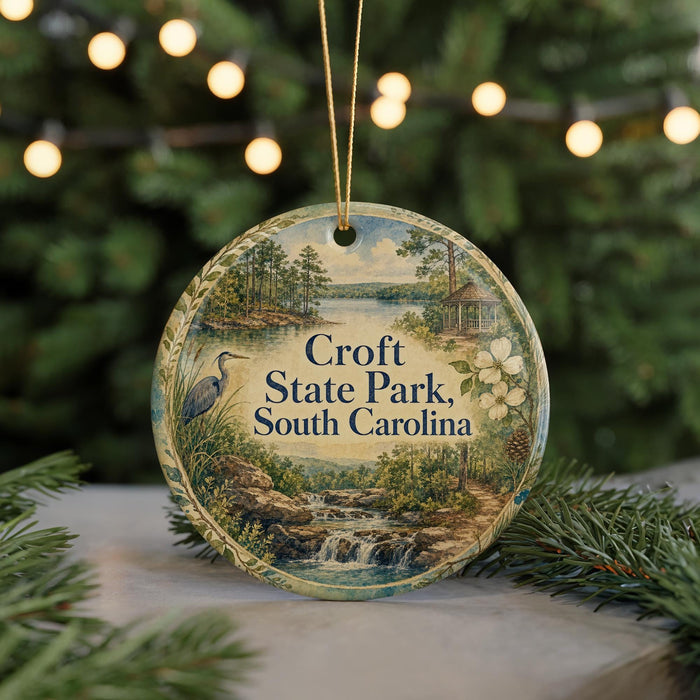 A circular ornament with a scenic landscape of Croft State Park, South Carolina, featuring a bird, trees, and a waterfall.