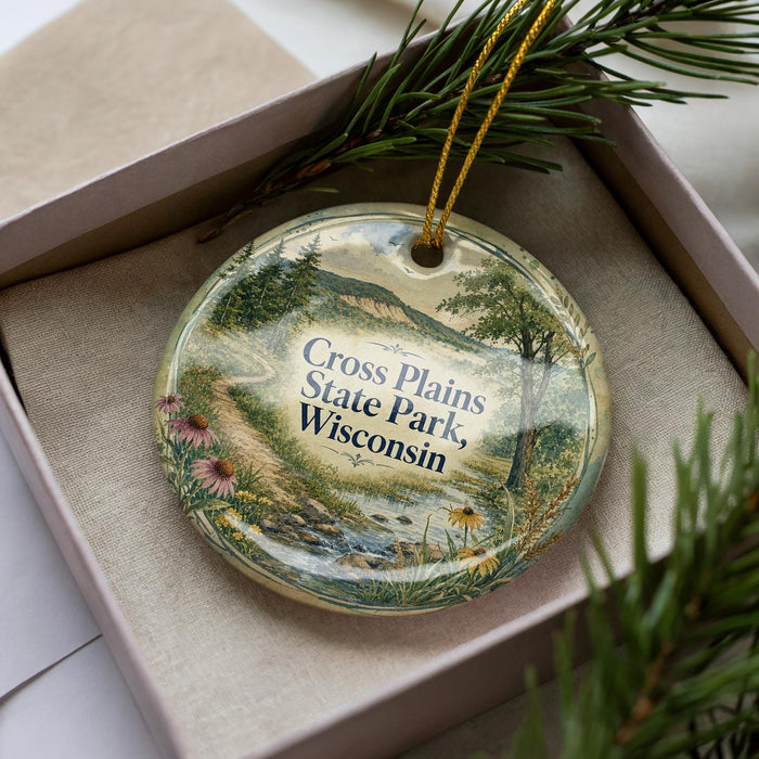 A decorative ornament in a box, featuring a scenic landscape with a river, mountains, and pine trees.