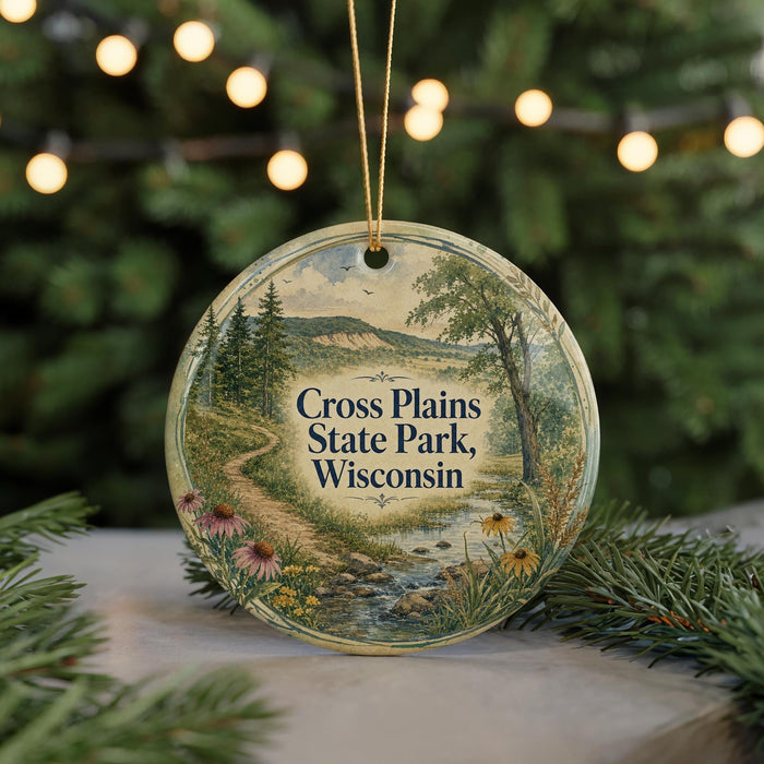 A decorative ornament featuring a scenic landscape of Cross Plains State Park, Wisconsin, with a winding path, trees, and flowers.