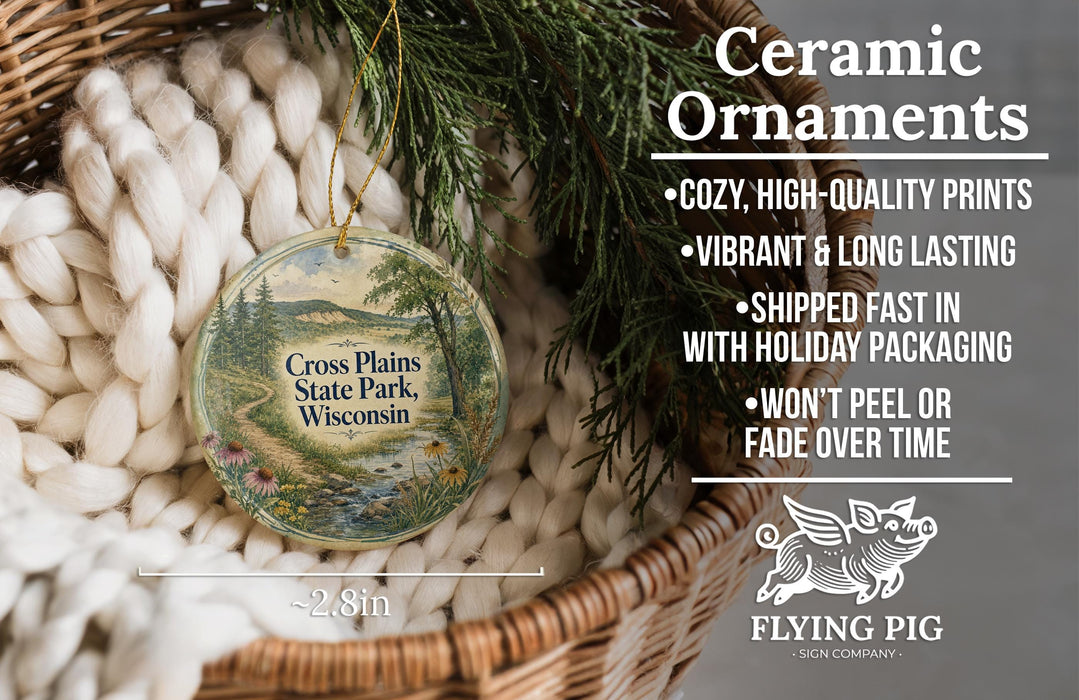 Ceramic ornaments, featuring a scenic image of Cross Plains State Park, Wisconsin, hanging from a wicker basket.
