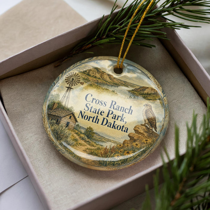 A decorative ornament in a box, featuring a landscape with a windmill, mountains, and a bird, with the text "Cross Ranch State Park, North Dakota" printed on it.