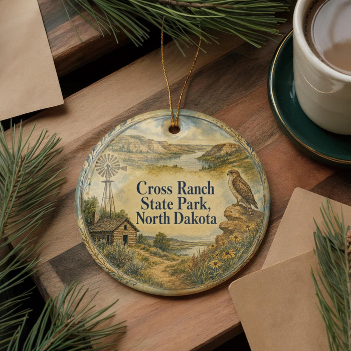 A decorative ornament featuring a windmill, a bird, and a rural landscape, with the text "Cross Ranch State Park, North Dakota" printed on it. The ornament is placed on a wooden surface, surrounded by pine branches and a cup of coffee.