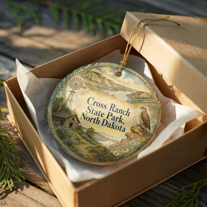 A decorative ornament in a wooden box, featuring a windmill and a bird, with the text "Cross Ranch State Park, North Dakota" printed on it.