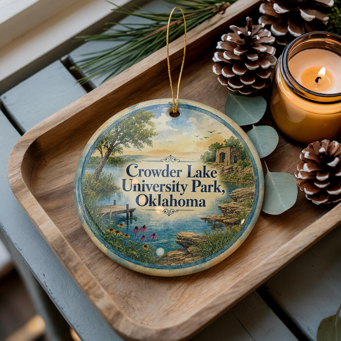 A decorative ornament featuring a scenic landscape of Crowder Lake University Park, Oklahoma, with pine cones and a lit candle on a wooden tray.