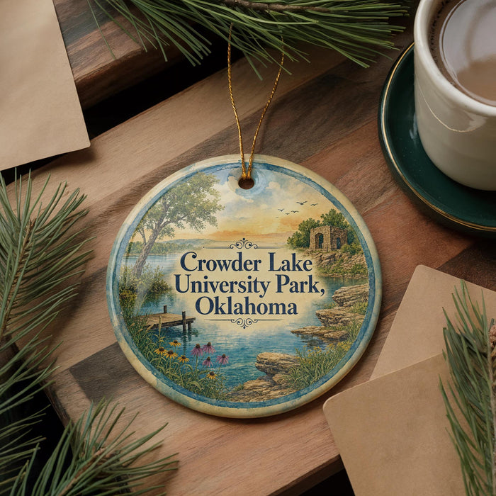 A decorative ornament with a scenic lake and park landscape, featuring the text "Crowder Lake University Park, Oklahoma" on it.