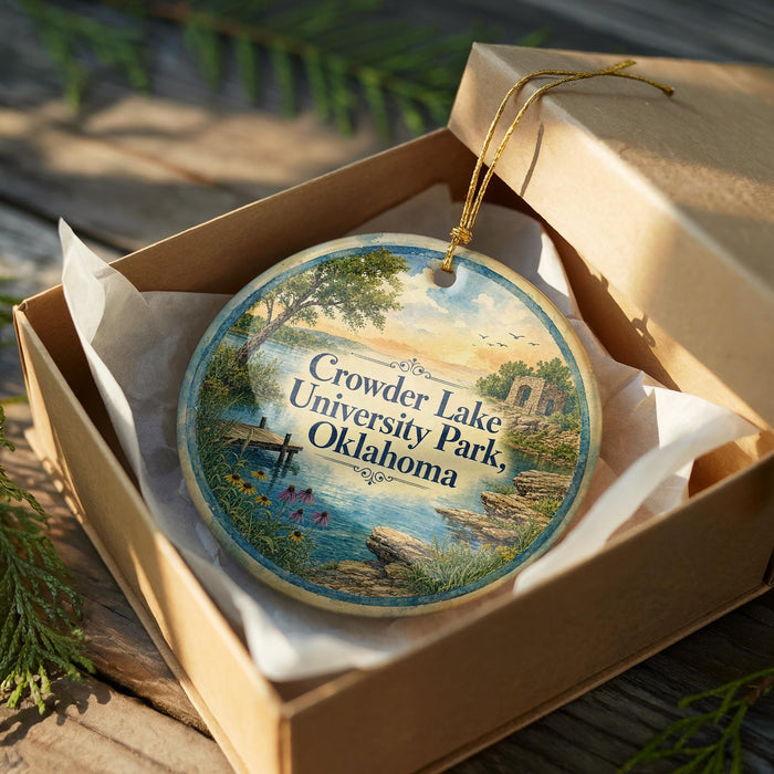 A circular ornament in a wooden box, featuring a scenic landscape with a lake, trees, and a bridge.