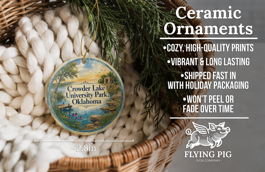 Ceramic ornaments, specifically those featuring Crowder Lake University Park, Oklahoma, are displayed in a woven basket. The text highlights the ornaments as "cozy, high-quality prints" and "vibrant and long lasting", with a description of their shipping speed and the fact that they won't peel or fade over time.