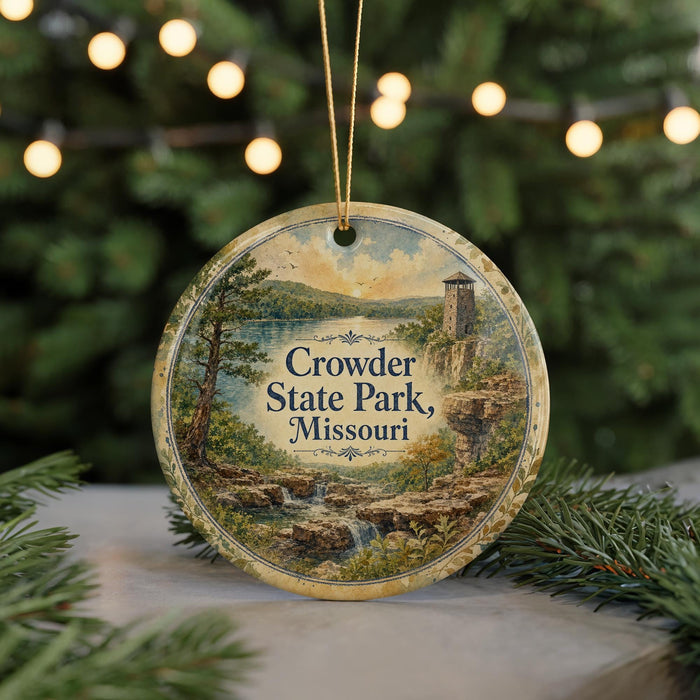 A decorative ornament featuring a scenic landscape of Crowder State Park, Missouri, with a waterfall and a tower in the background.