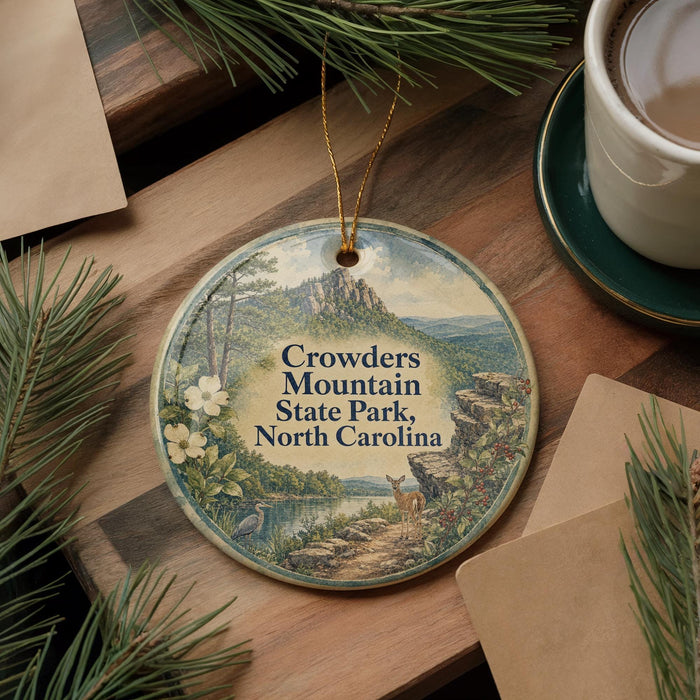 A decorative ornament featuring a scenic mountain landscape with a path leading to a deer, surrounded by pine branches and flowers.