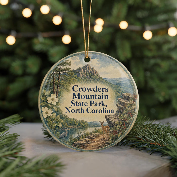 A round ornament with a scenic landscape featuring a mountain, river, and wildlife, including a deer, is displayed in front of a blurred background with Christmas lights.