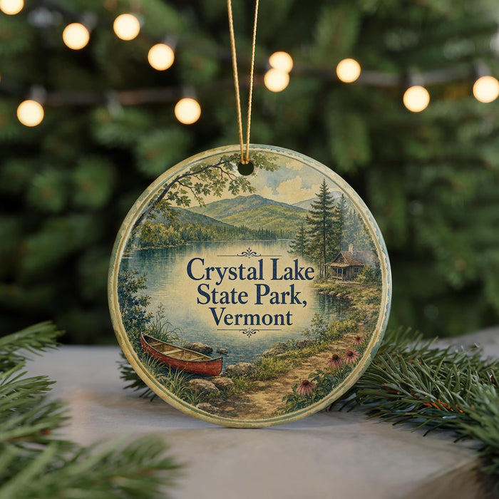 A round ornament with a scenic image of Crystal Lake State Park, Vermont, featuring a canoe on the lake and a cabin in the background.