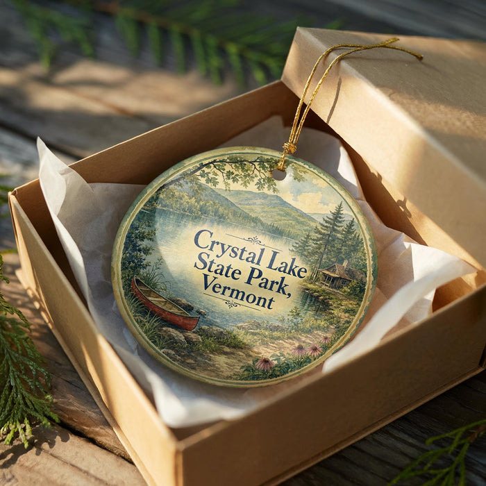 A round ornament in a wooden box, featuring a scenic landscape with a canoe and mountains, with the text "Crystal Lake State Park, Vermont" displayed on it.