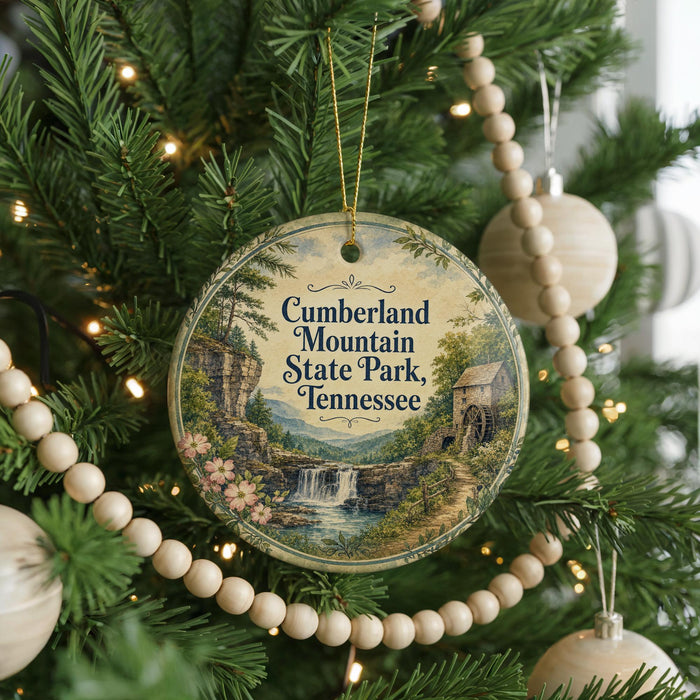 A round ornament hanging on a Christmas tree, featuring a scenic landscape with a waterfall and a cabin.