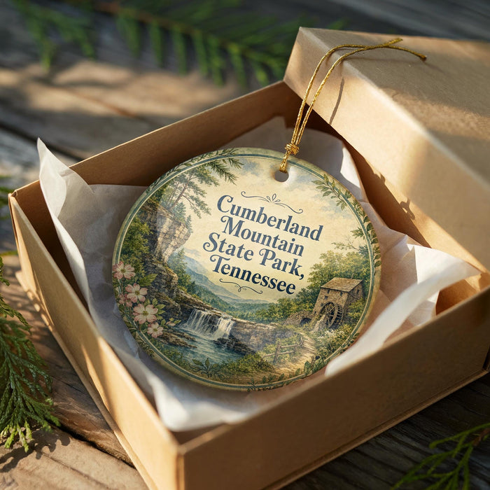 A decorative ornament in a box, featuring a scenic landscape with a waterfall and trees, with the text "Cumberland Mountain State Park, Tennessee" printed on it.