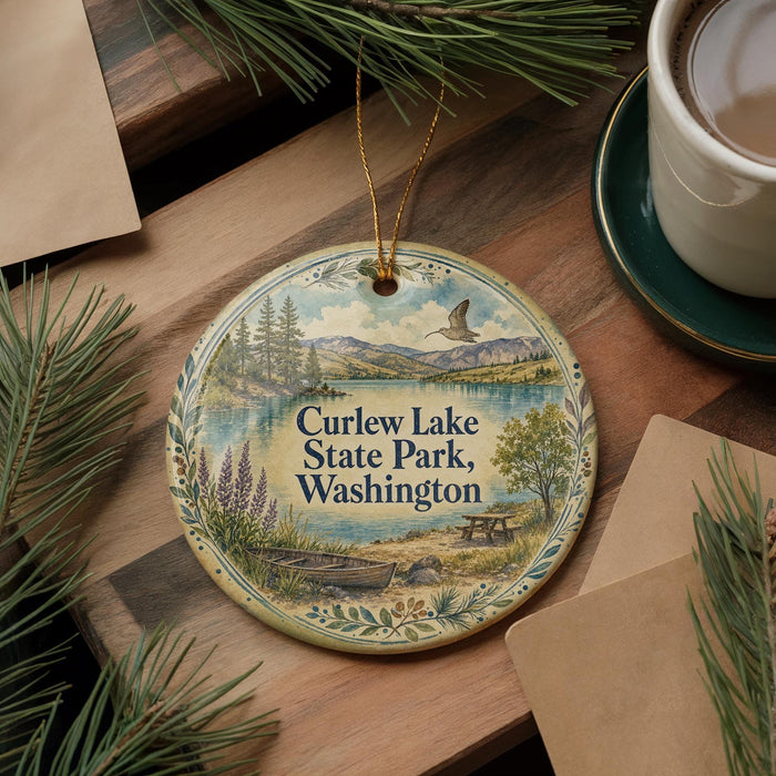A decorative ornament with a scenic lake and mountains, featuring the text "Curlew Lake State Park, Washington".