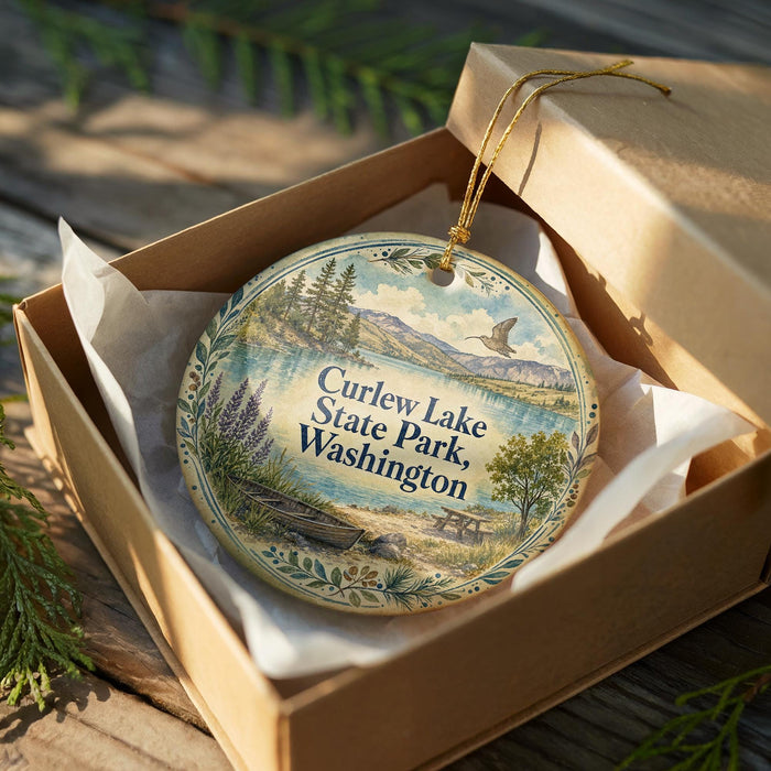 A decorative ornament in a wooden box, featuring a scenic landscape with a lake, mountains, and a bird in flight.