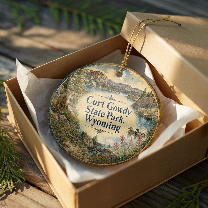 A decorative ornament in a box, featuring a scenic landscape with mountains, a river, and wildlife, including a bison and a duck.