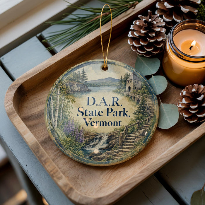 A decorative ornament with a scenic landscape of State Park Vermont, featuring a waterfall and a staircase, is displayed on a wooden tray alongside pine cones and a lit candle.