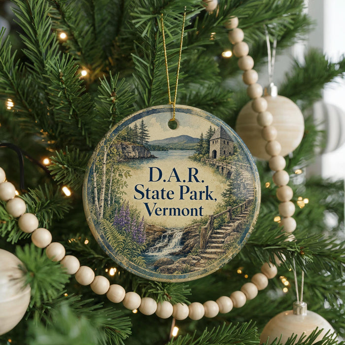 A round ornament on a Christmas tree, featuring a scenic landscape with a waterfall and a castle, with the text "D.A.R. State Park, Vermont" displayed on it.
