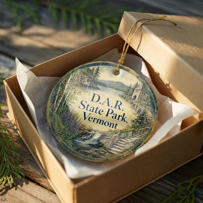A decorative ornament in a brown box, featuring a scenic landscape with a waterfall and mountains.